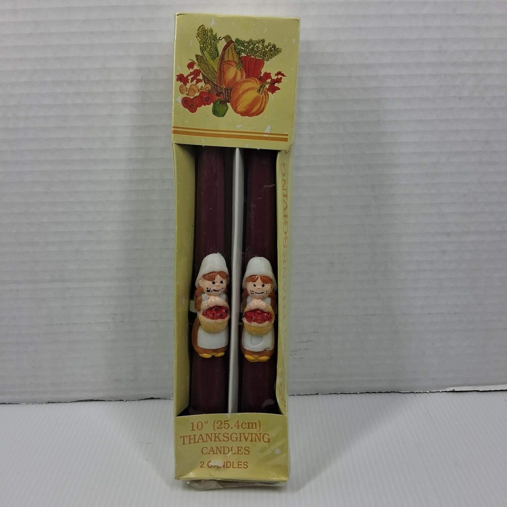 Vtg Thanksgiving Pilgrim Girl Figural Taper‎ Candles Burgundy 10 Inch Set of 2